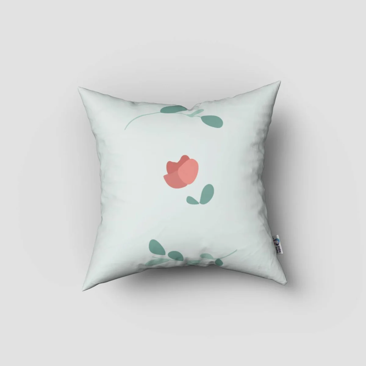 Baş Harf ve Çiçek Çelengi Kırlent Kılıfı | Açık Mavi yapraklar, küçük kırmızı çiçekler Desenli