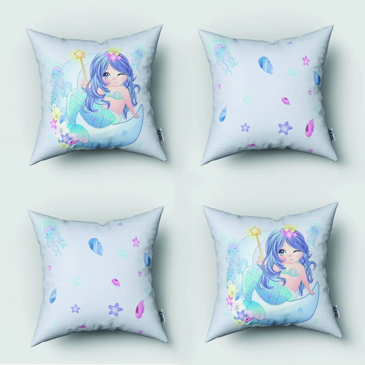 Deniz Kızı 4lü Kırlent | Açık Mavi yıldız, deniz kabuğu Desenli