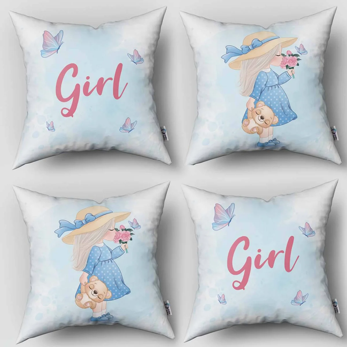 Küçük Kız 4lü Kırlent | Mavi kelebekler, yazılar Desenli