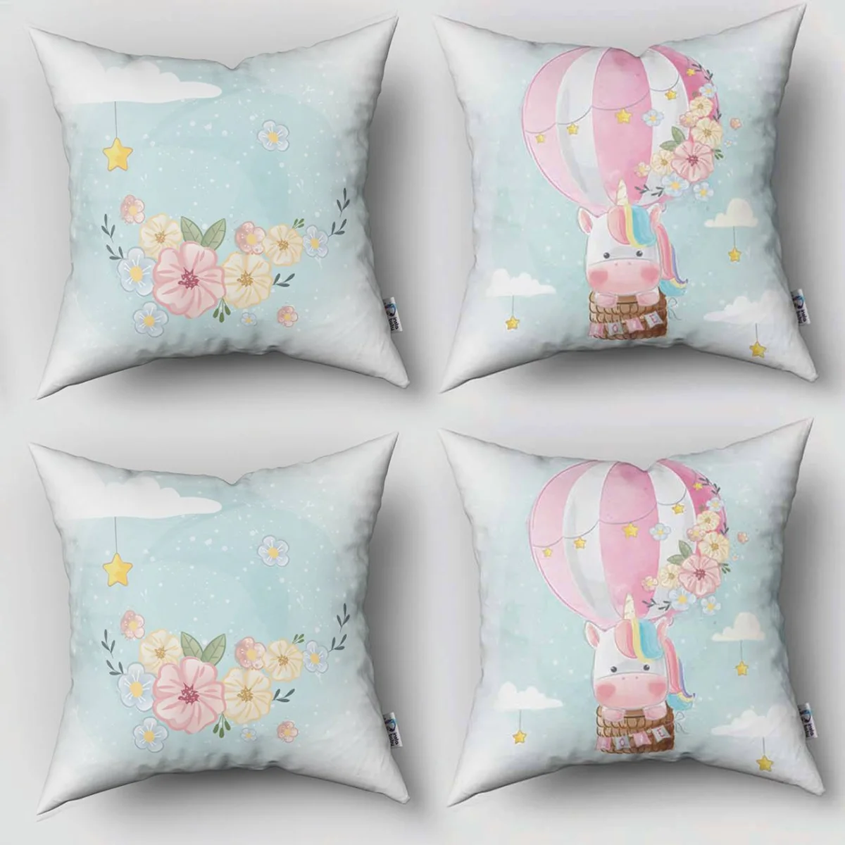 Unicorn 4lü Kırlent | Mavi sıcak hava balonu, bulut Desenli