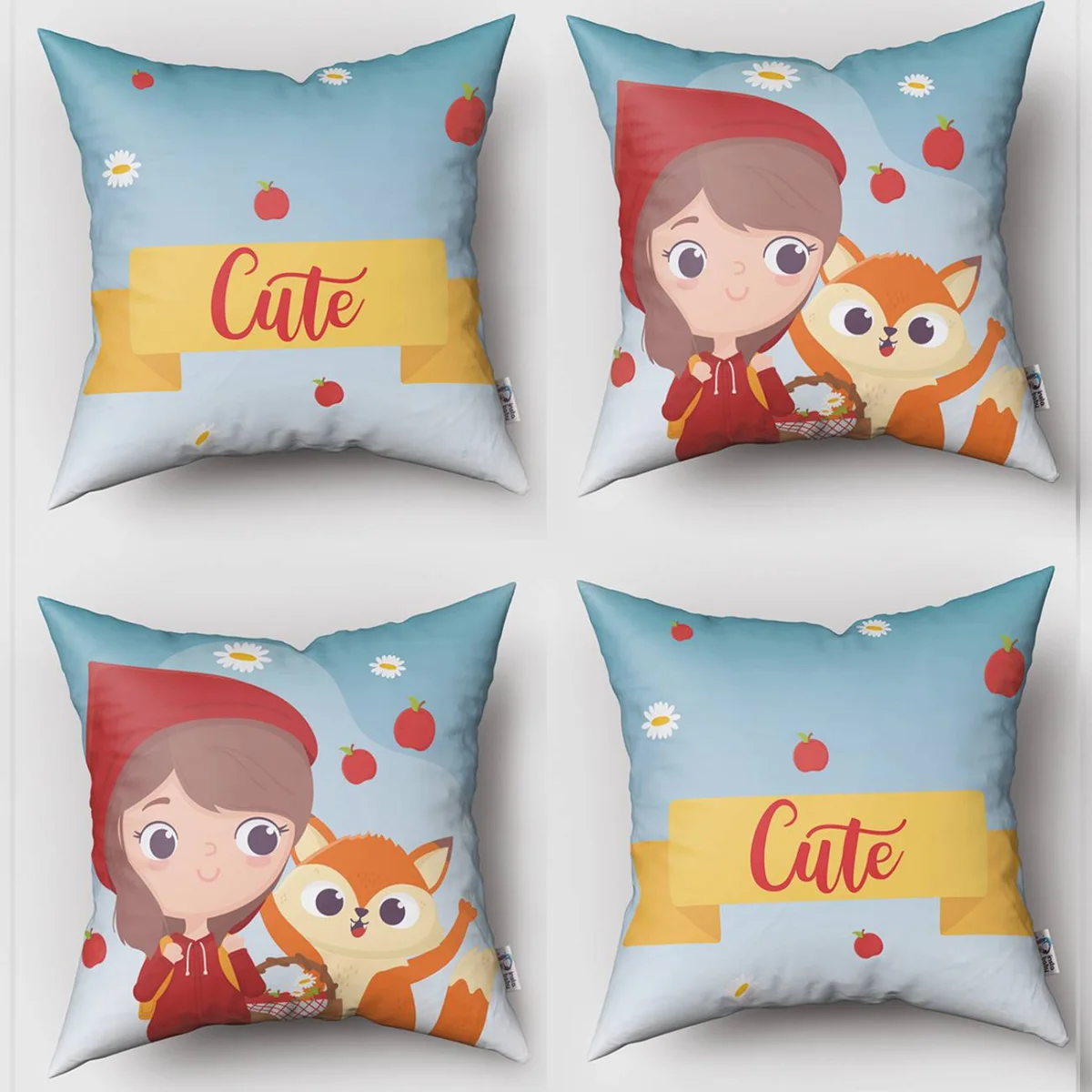 Kırmızı Başlıklı Kız ve Tilki 4lü Kırlent | Mavi elmalar, papatyalar Desenli