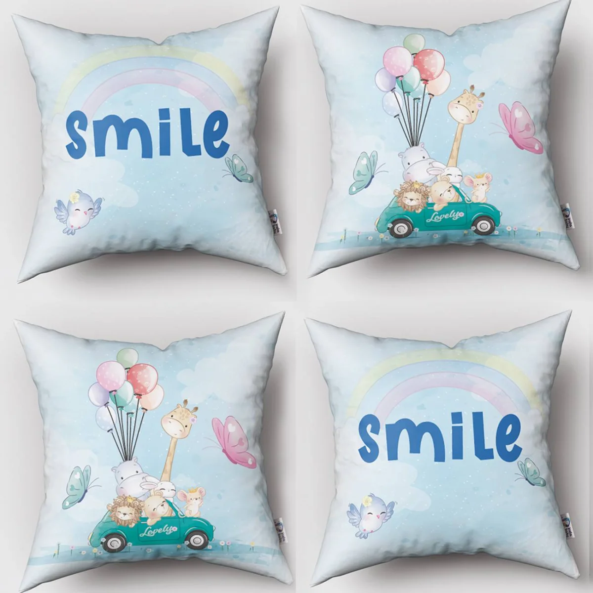 Sevimli Hayvanlar 4lü Kırlent | Mavi Balonlar, araba Desenli