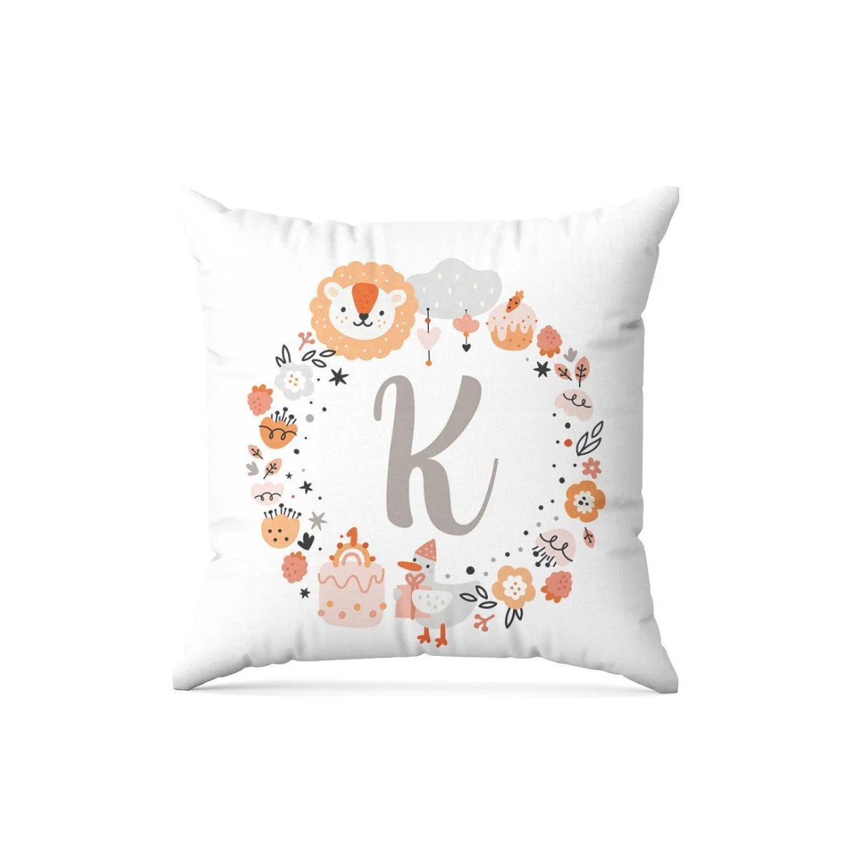 Şirin Hayvanlar Kırlent Kılıfı | Beyaz Aslan, ördek Desenli