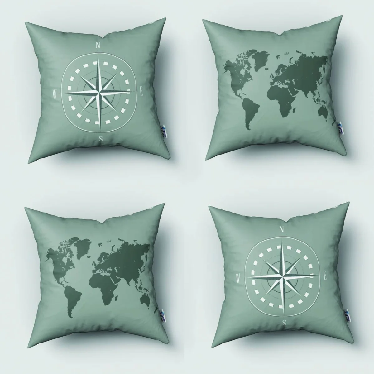 Dünya Haritası, Pusula 4lü Kırlent | Yeşil dünya haritası, pusula Desenli