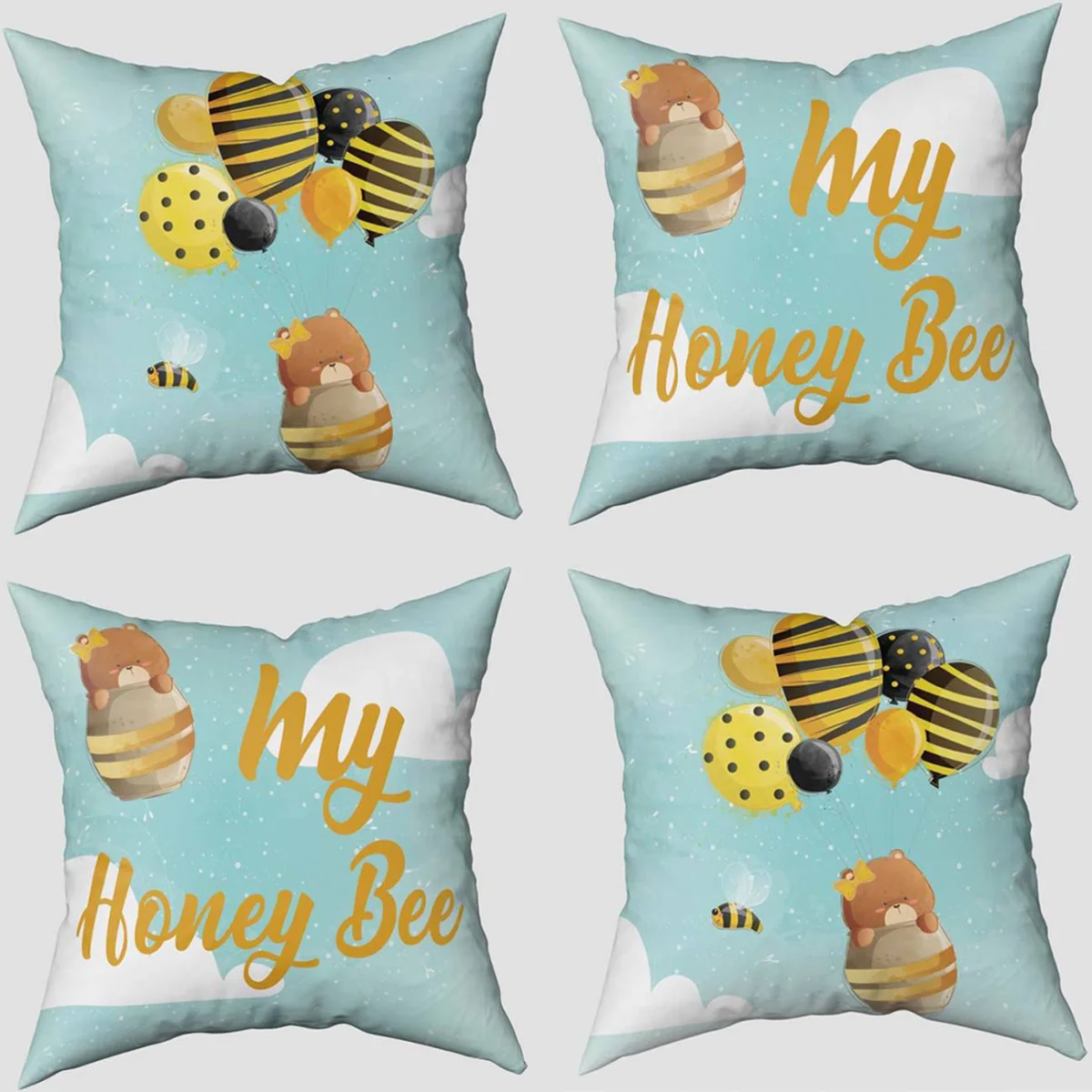 Bal Arısı ve Ayıcık 4lü Kırlent | Açık Mavi balon, bulut Desenli