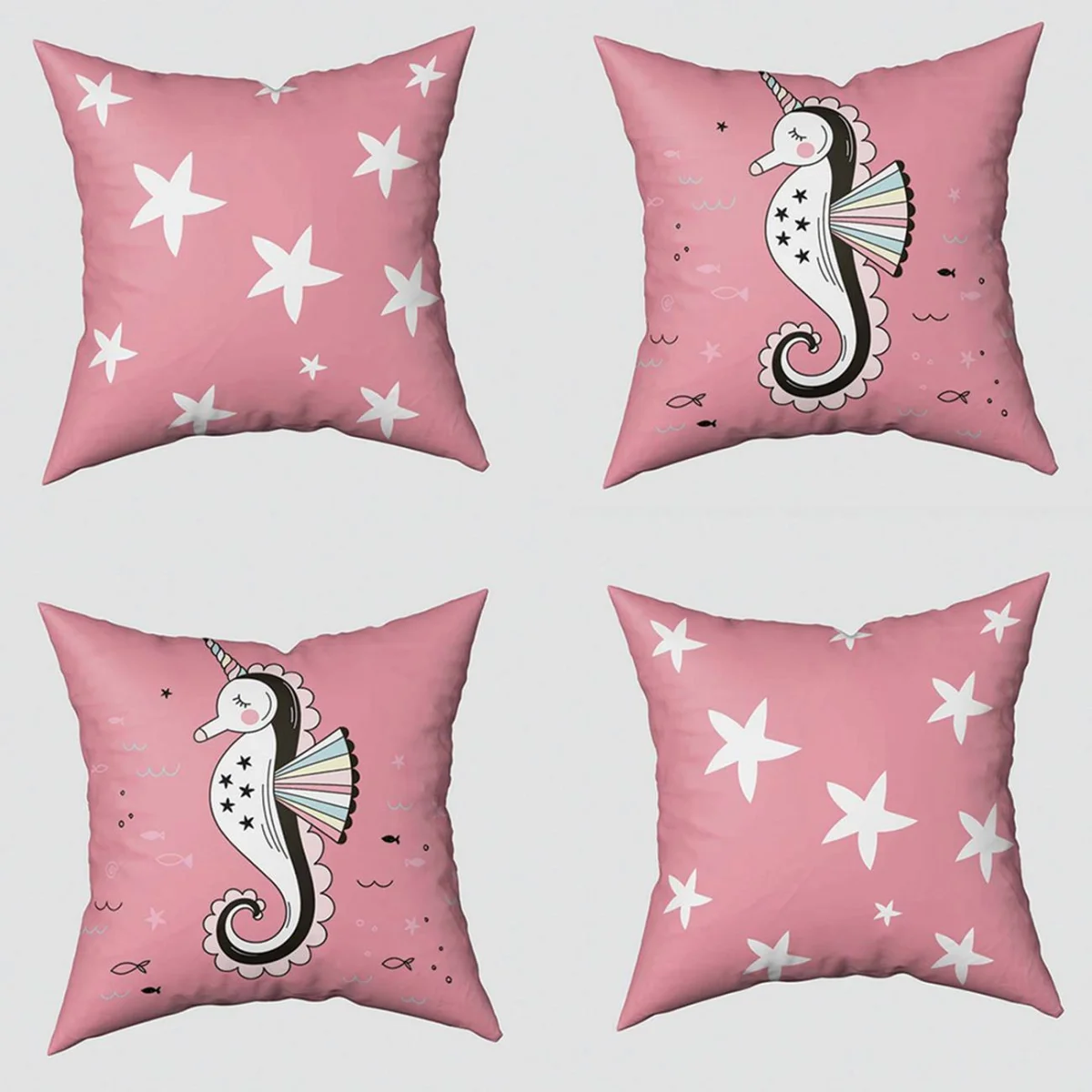 Deniz Unicornu 4lü Kırlent | Pembe yıldız, balık Desenli