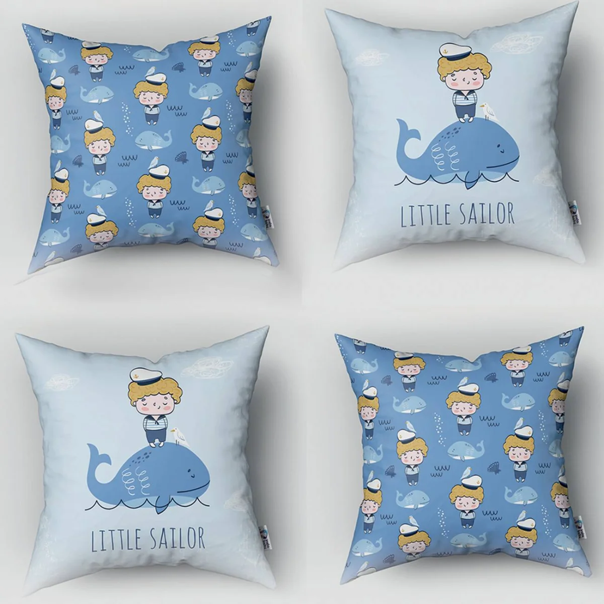 Denizci ve Balina 4lü Kırlent | Mavi bulutlar, martı Desenli