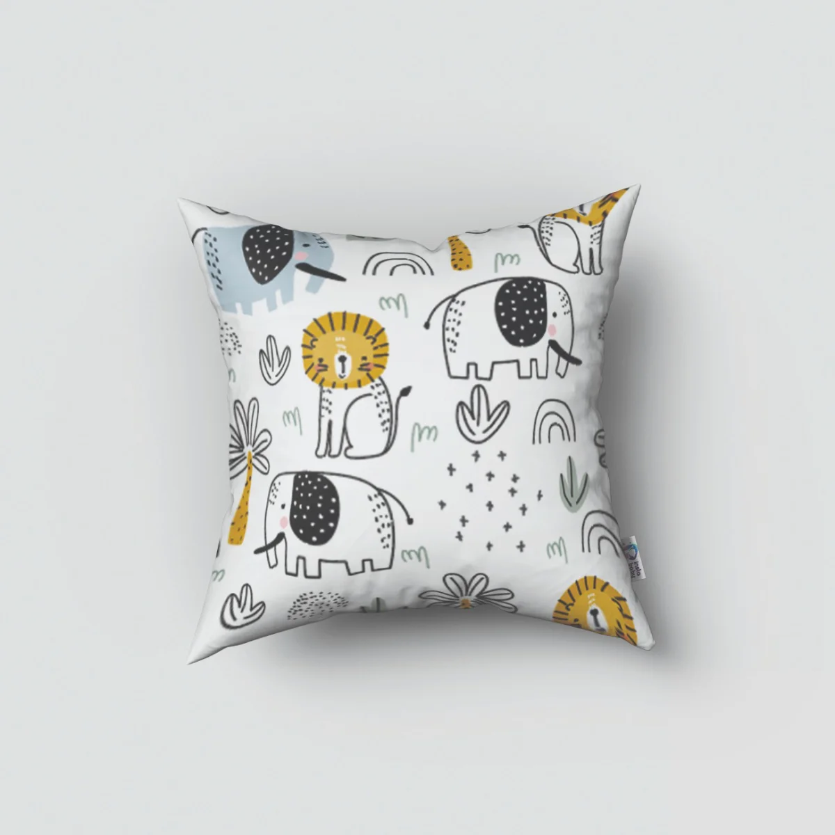 Orman Hayvanları Kırlent Kılıfı | Beyaz palmiye ağaçları, gökkuşağı Desenli