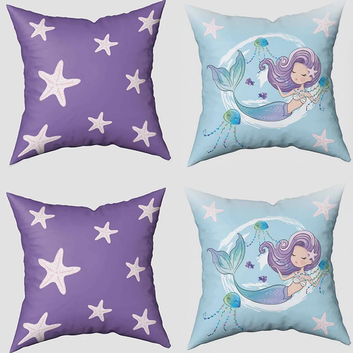 Deniz Kızı 4lü Kırlent | Açık Mavi Deniz yıldızı, deniz anası Desenli