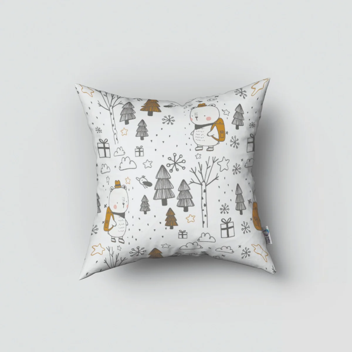 Orman Hayvanları Kırlent Kılıfı | Beyaz ağaçlar, kuşlar Desenli