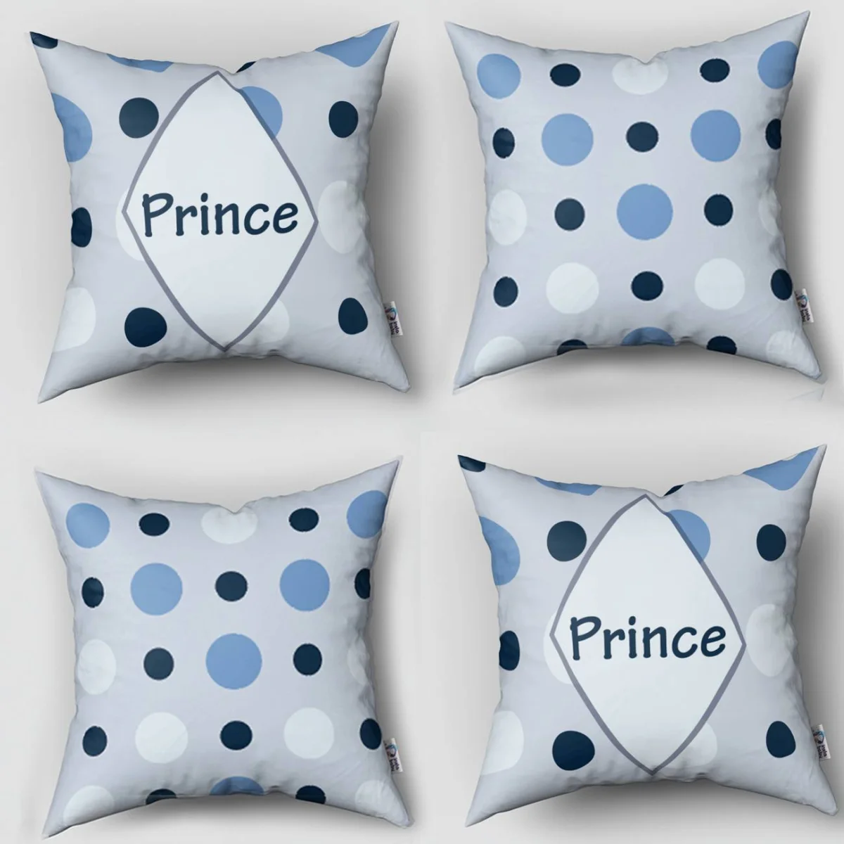 Prens 4lü Kırlent | Gri Mavi Puantiye, elmas çerçeve Desenli