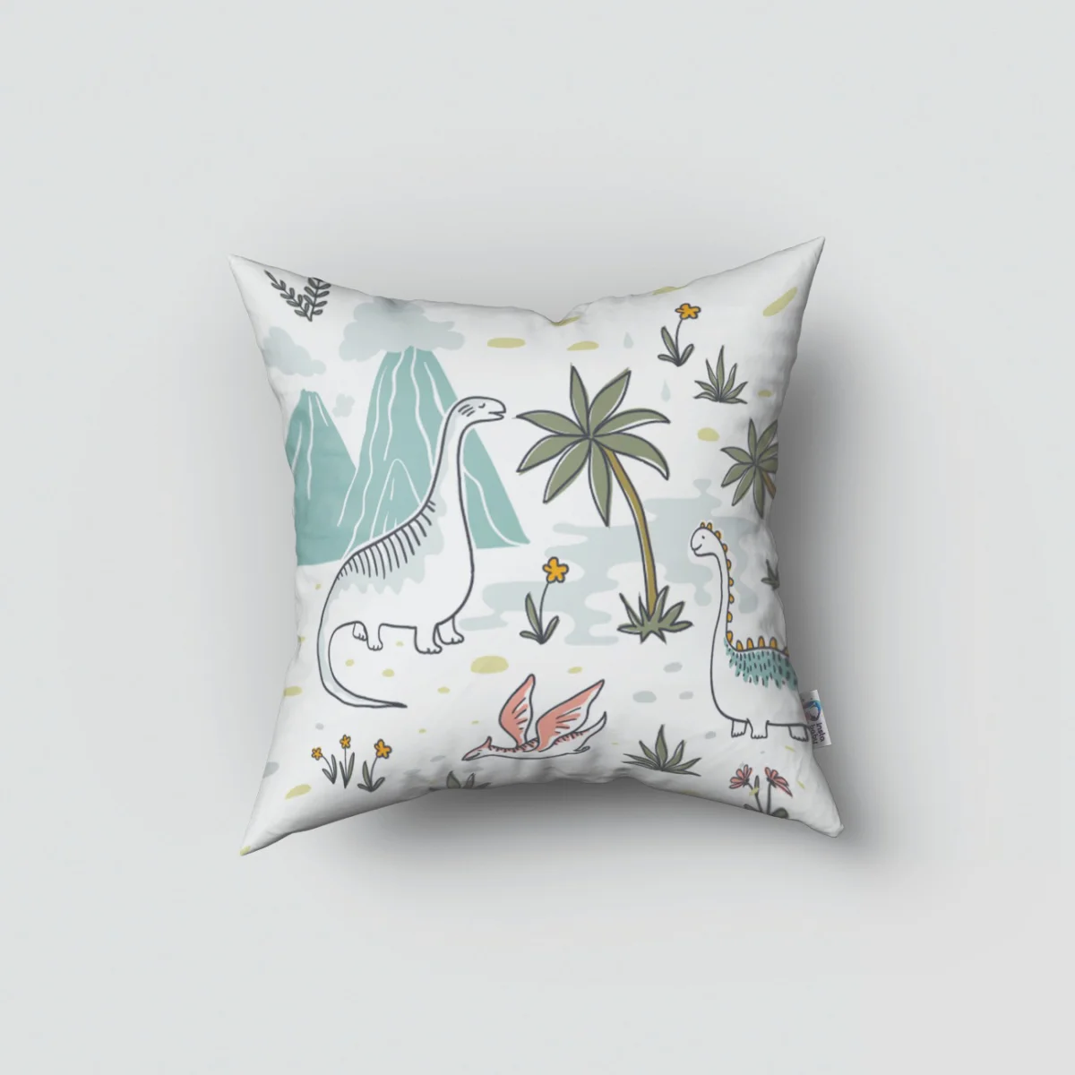 Dinozorlar Kırlent Kılıfı | Beyaz dağlar, bulutlar Desenli