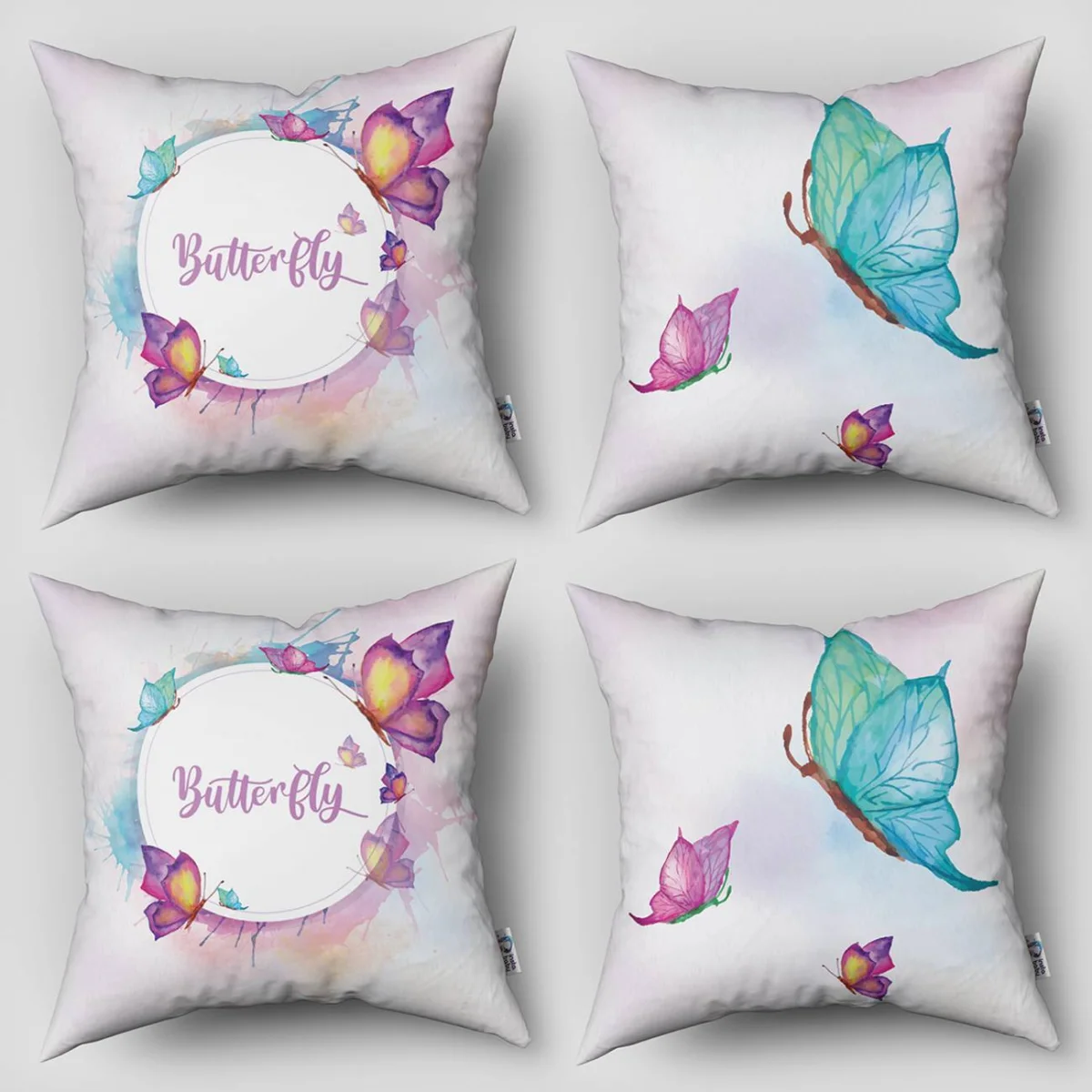 Kelebek 4lü Kırlent | Beyaz farklı renklerde kelebekler, sulu boya sıçramaları Desenli