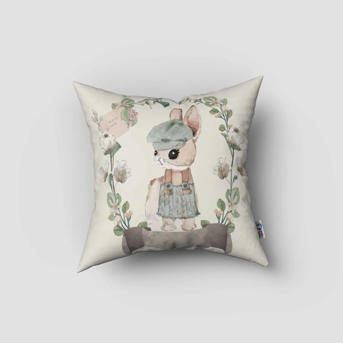 Tavşan Kırlent Kılıfı | Krem yapraklar, çiçekler Desenli