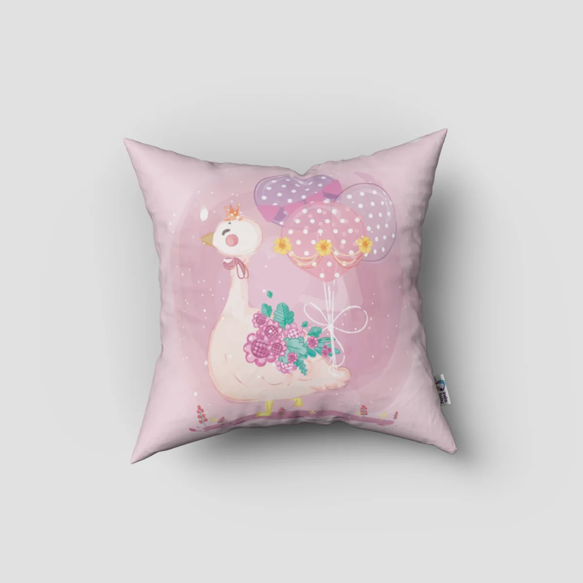 Prenses Kaz Kırlent Kılıfı | Pembe balonlar, çiçekler Desenli