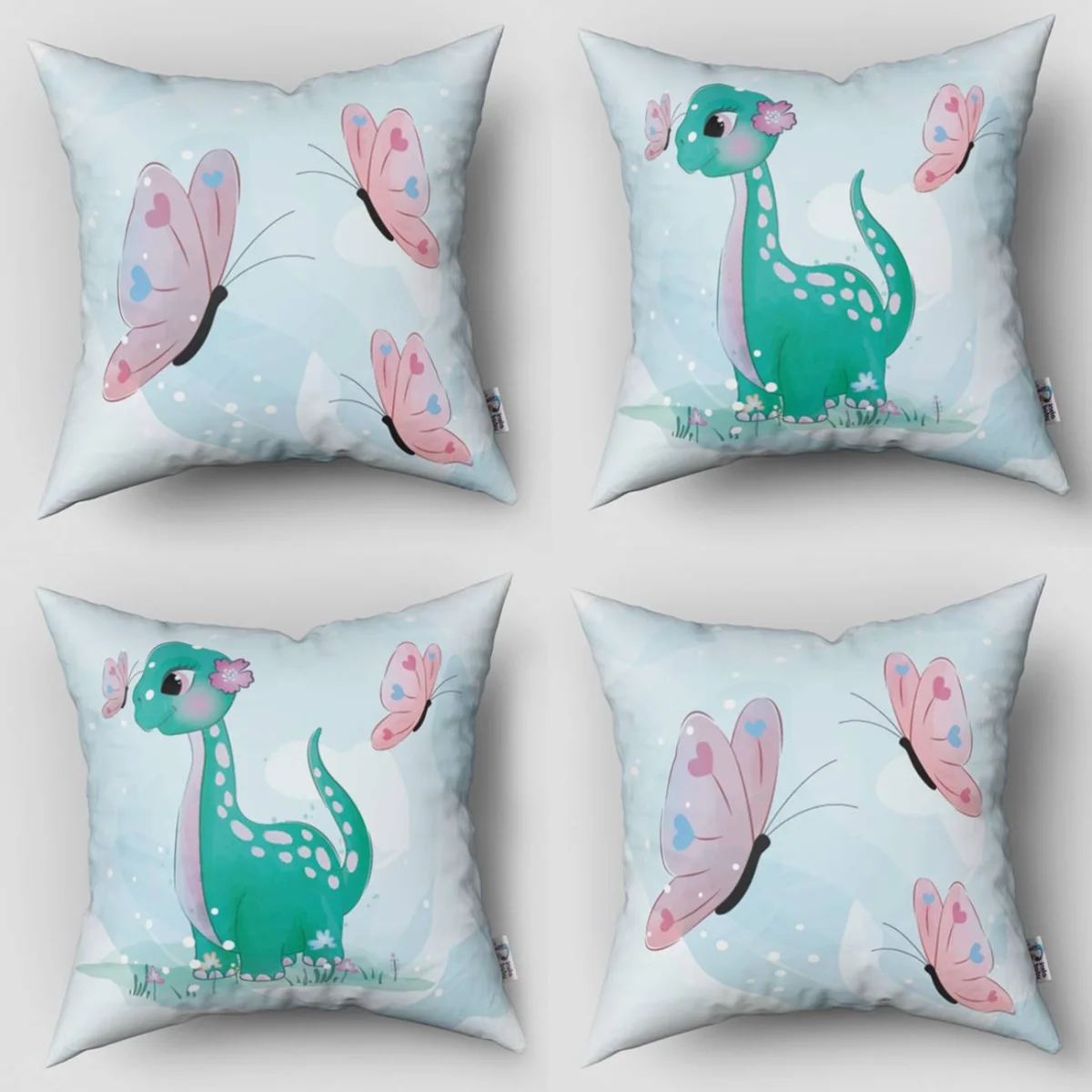 Dinozor 4lü Kırlent | Mavi kelebekler, çiçekler Desenli