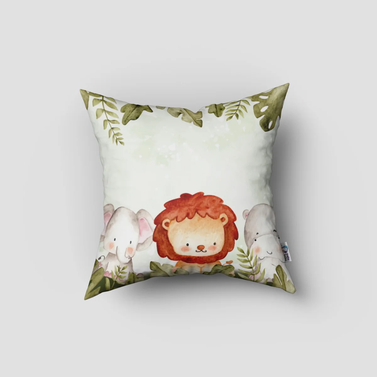 Orman Hayvanları Kırlent Kılıfı | Yeşil yapraklar, minik beyaz benekler Desenli