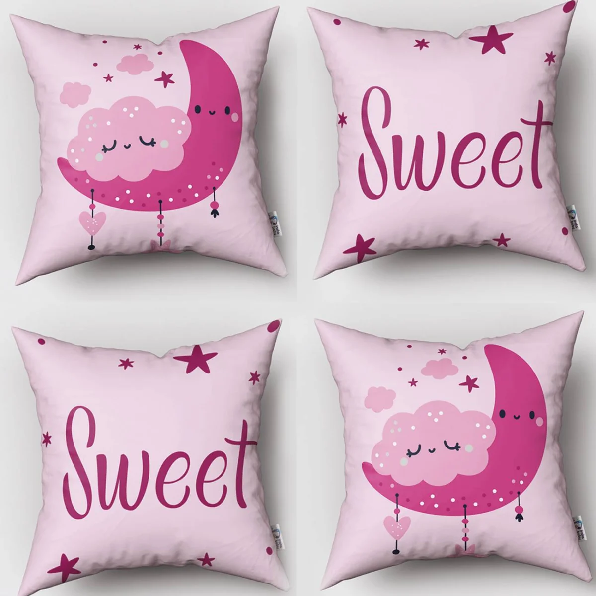 Ay ve Bulutlar 4lü Kırlent | Pembe yıldız, bulut Desenli