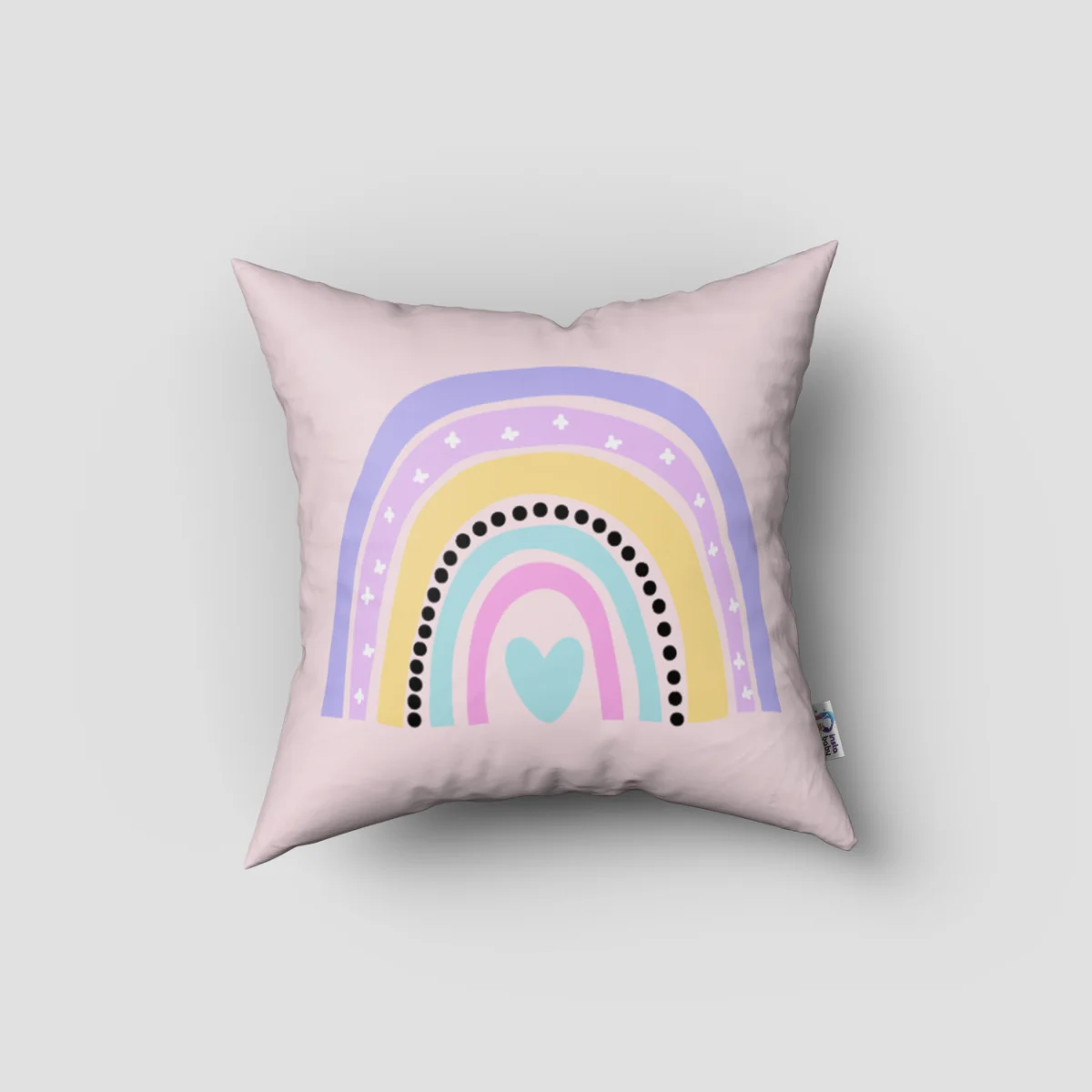Gökkuşağı Kırlent Kılıfı | Pembe gökkuşağı, kalpler Desenli