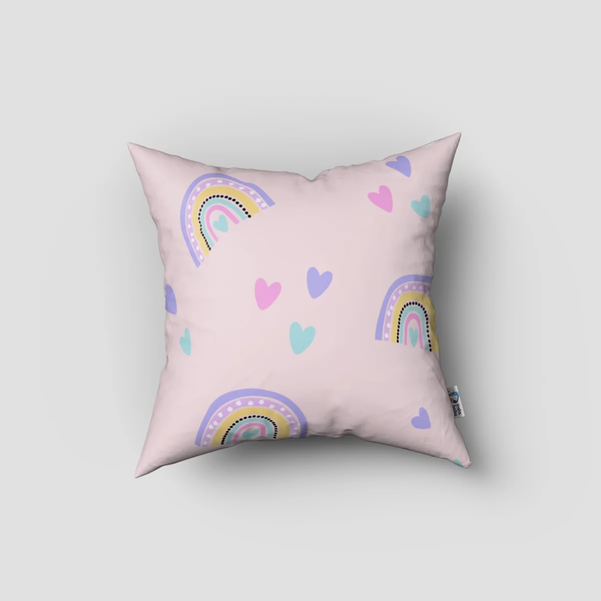Gökkuşağı Kırlent Kılıfı | Pembe gökkuşağı, kalpler Desenli