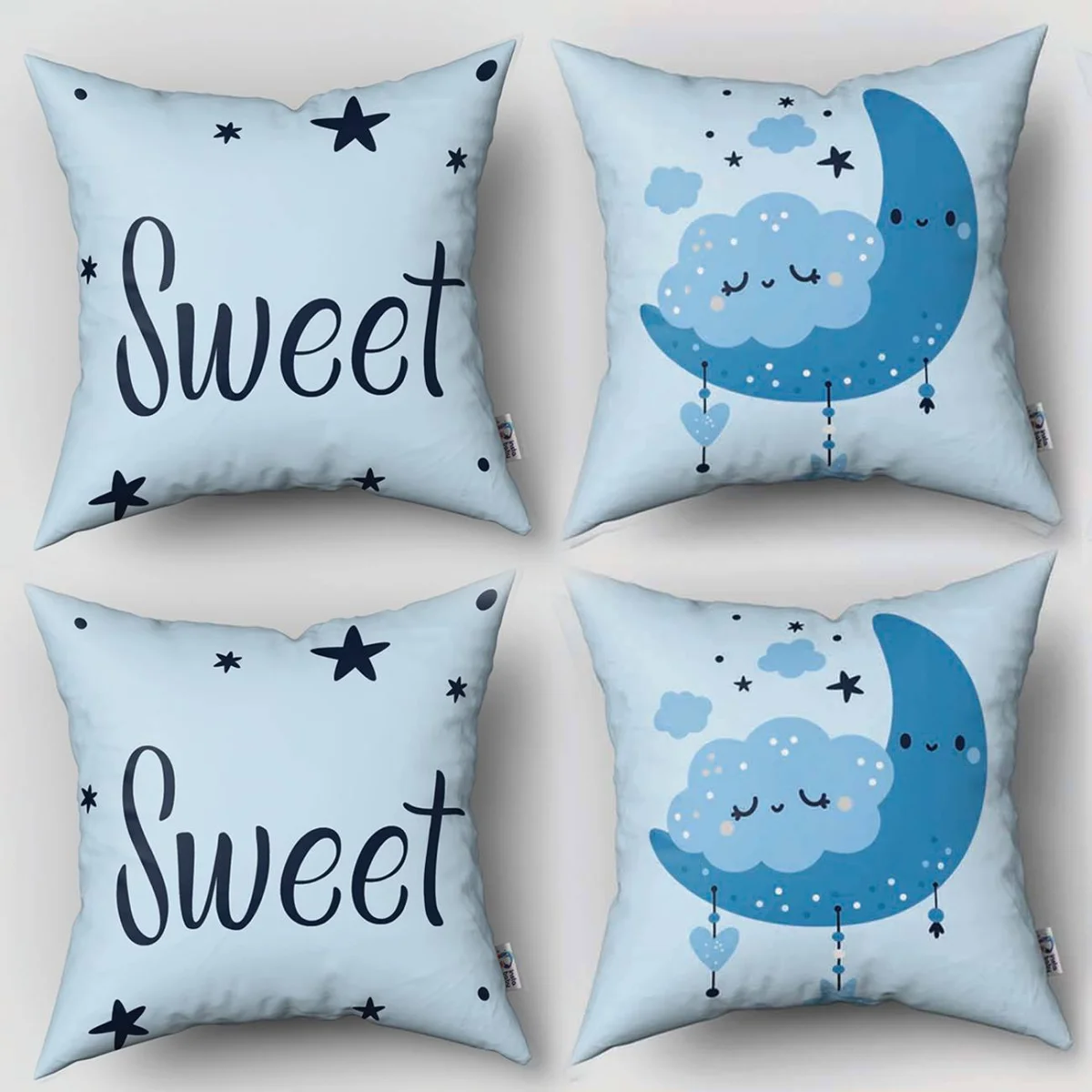 Ay ve bulutlar 4lü Kırlent | Mavi yıldız, bulut Desenli