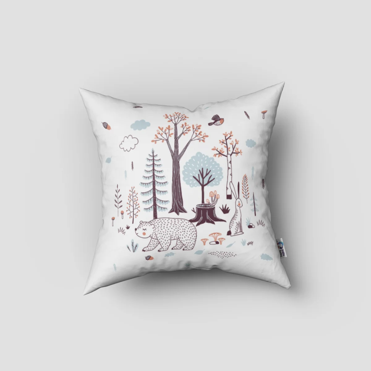 Orman Hayvanları Kırlent Kılıfı | Beyaz Ağaçlar, mantarlar Desenli