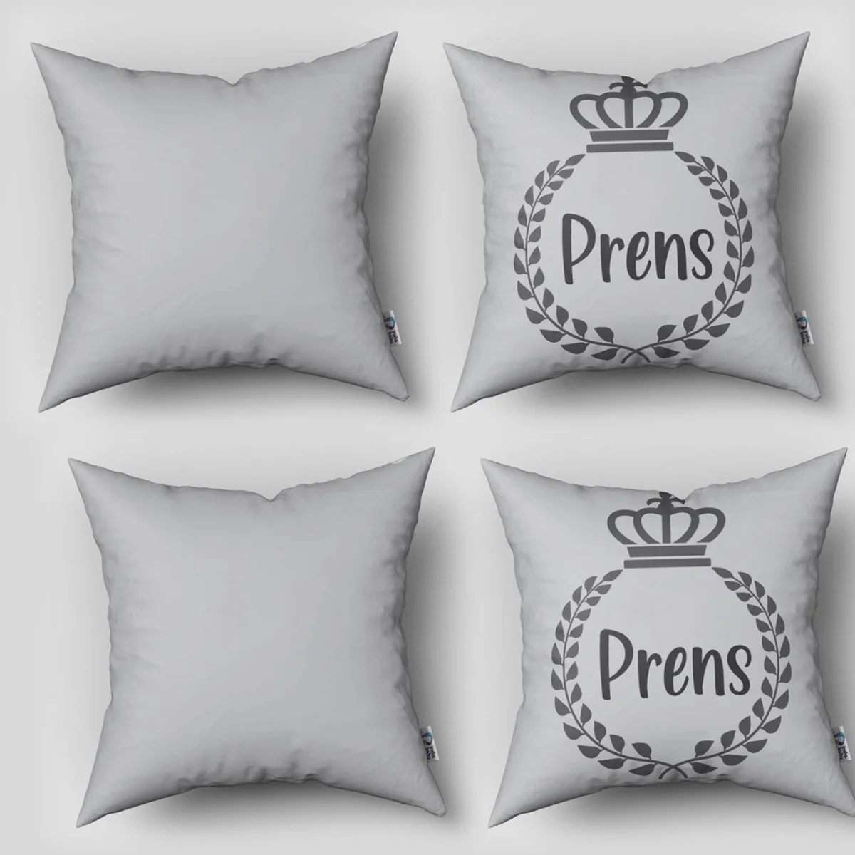 Kraliyet / Prens 4lü Kırlent | Açık Gri Taç, defne çelengi Desenli