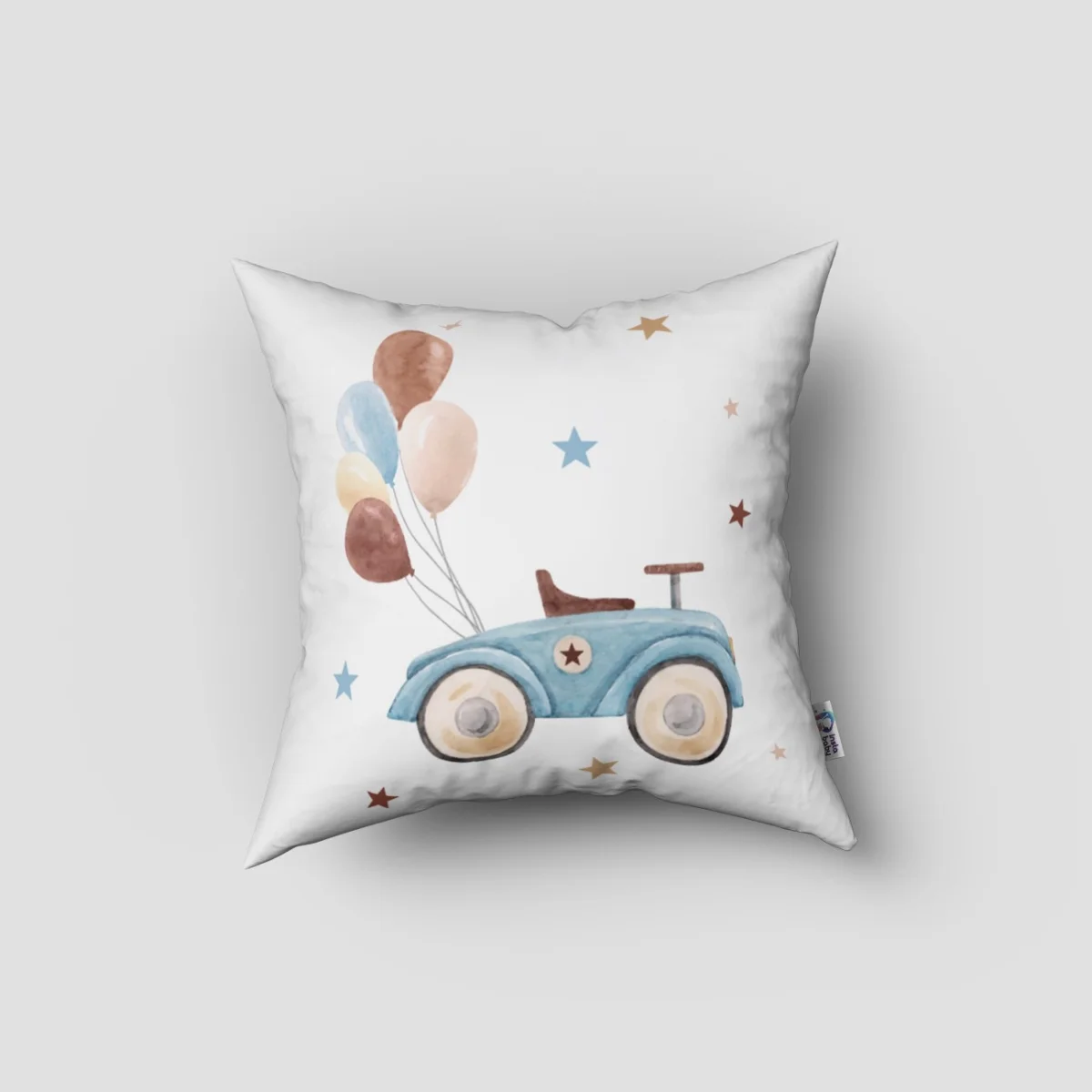 Oyuncak Araba Kırlent Kılıfı | Beyaz yıldızlar, balonlar Desenli