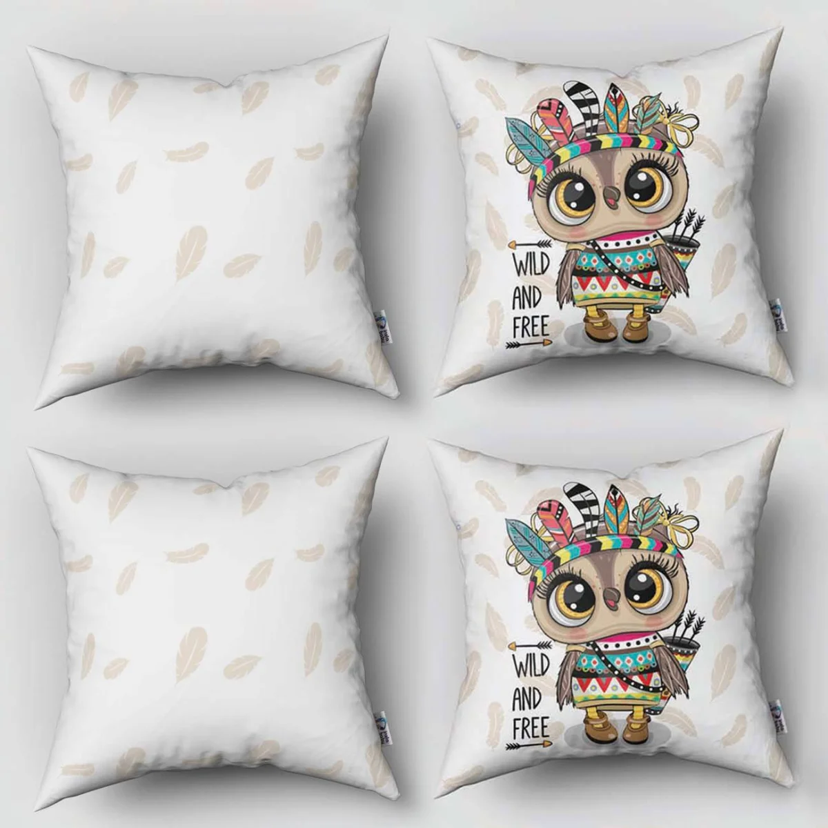 Yerli Baykuş 4lü Kırlent | Beyaz Tüy desenleri, Wild And Free yazısı Desenli