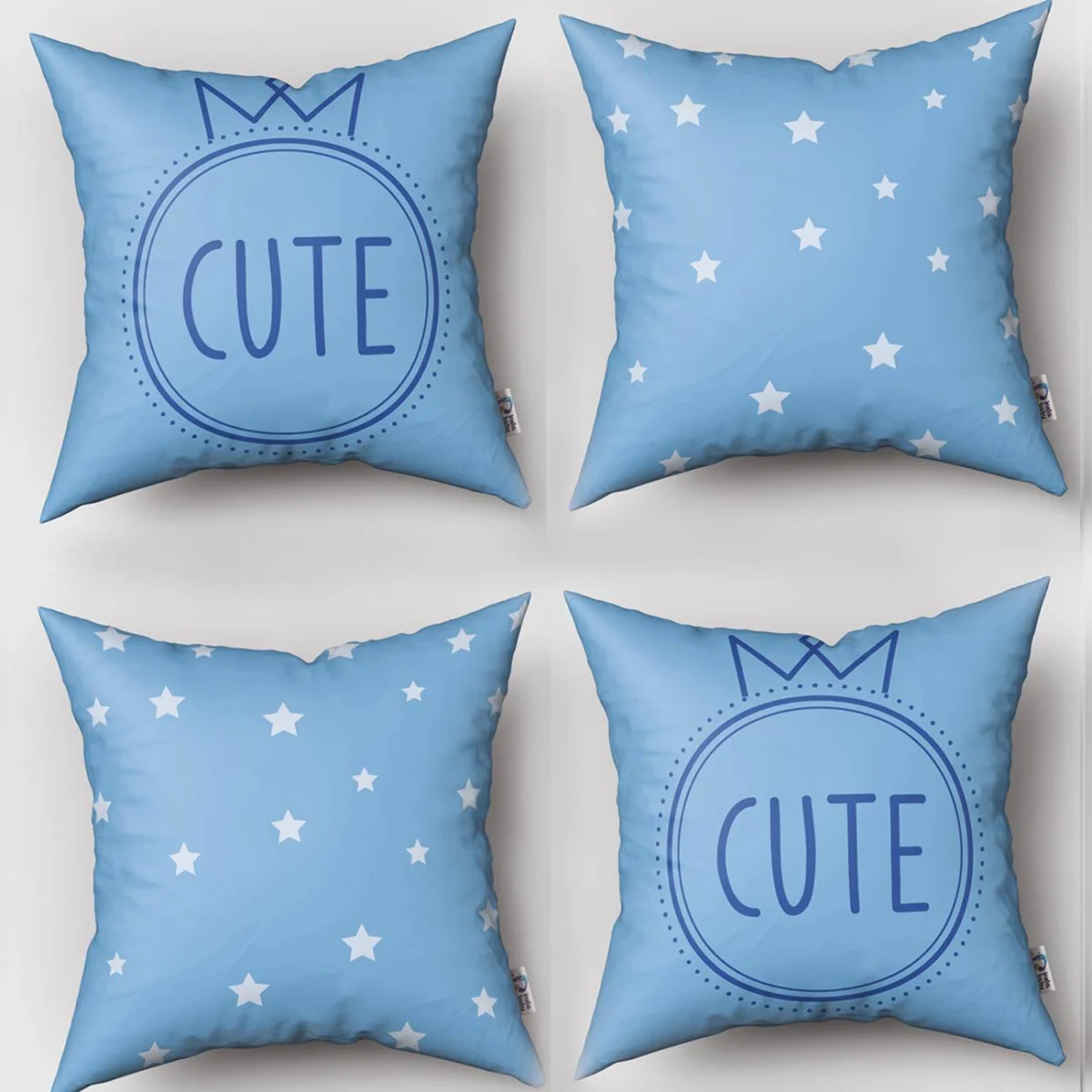 Taç 4lü Kırlent | Mavi yıldızlar, taç Desenli