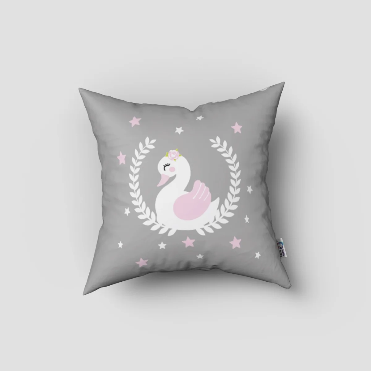 Kuğu Kırlent Kılıfı | Gri yıldız, yaprak çelenk Desenli