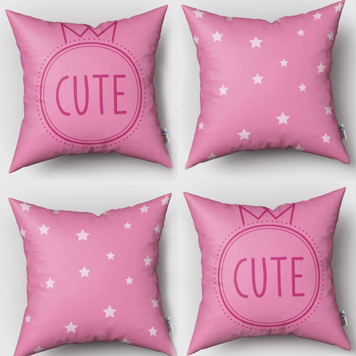 Prenses tacı 4lü Kırlent | Pembe yıldız, sevimli yazı Desenli