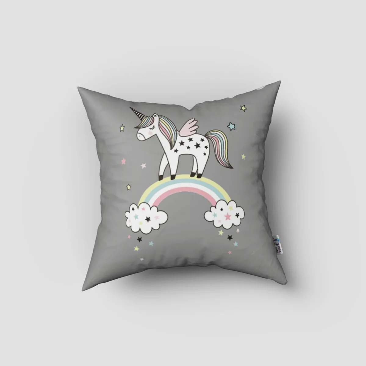 Unicorn Kırlent Kılıfı | Gri yıldız, bulut Desenli