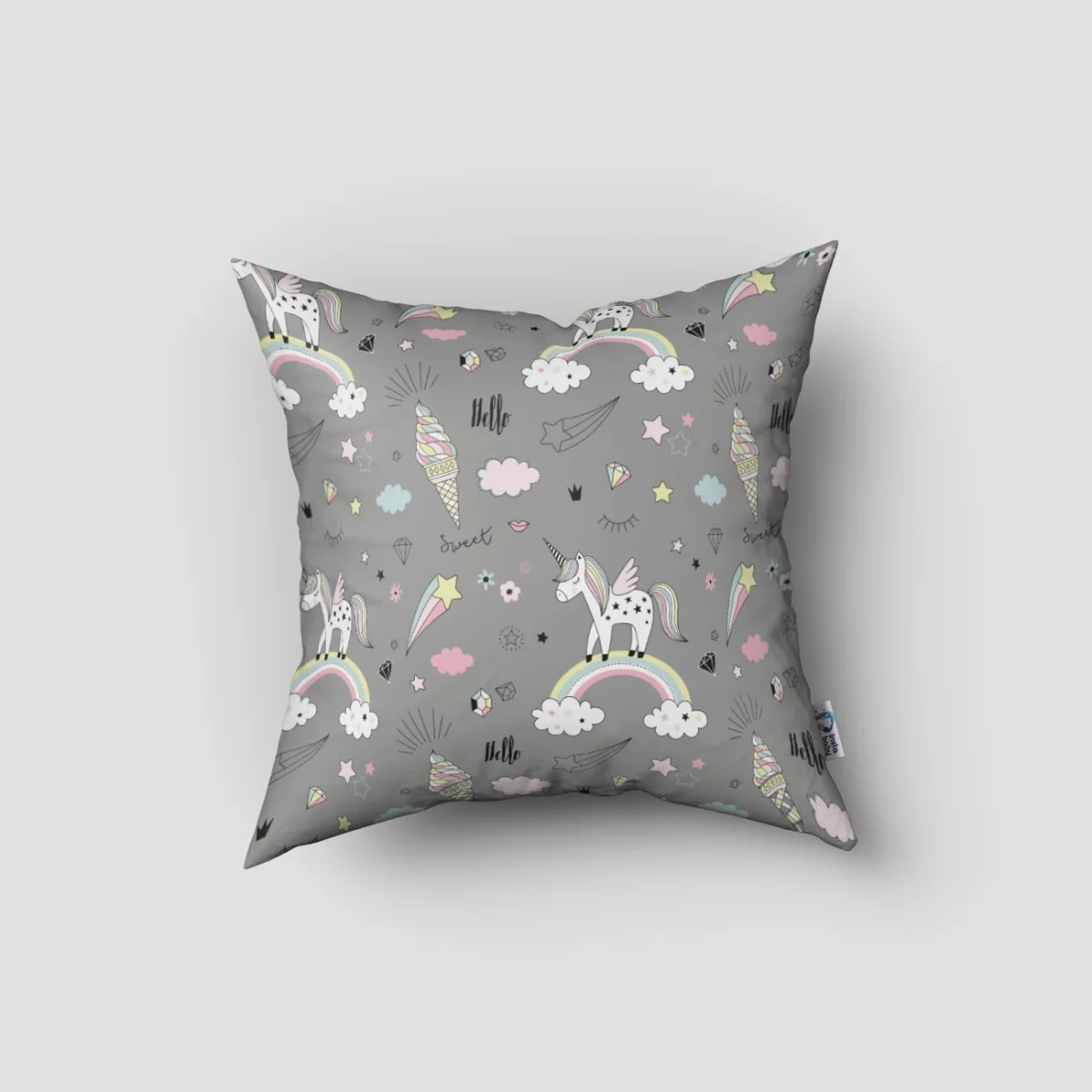 Unicorn Kırlent Kılıfı | Gri yıldız, bulut Desenli