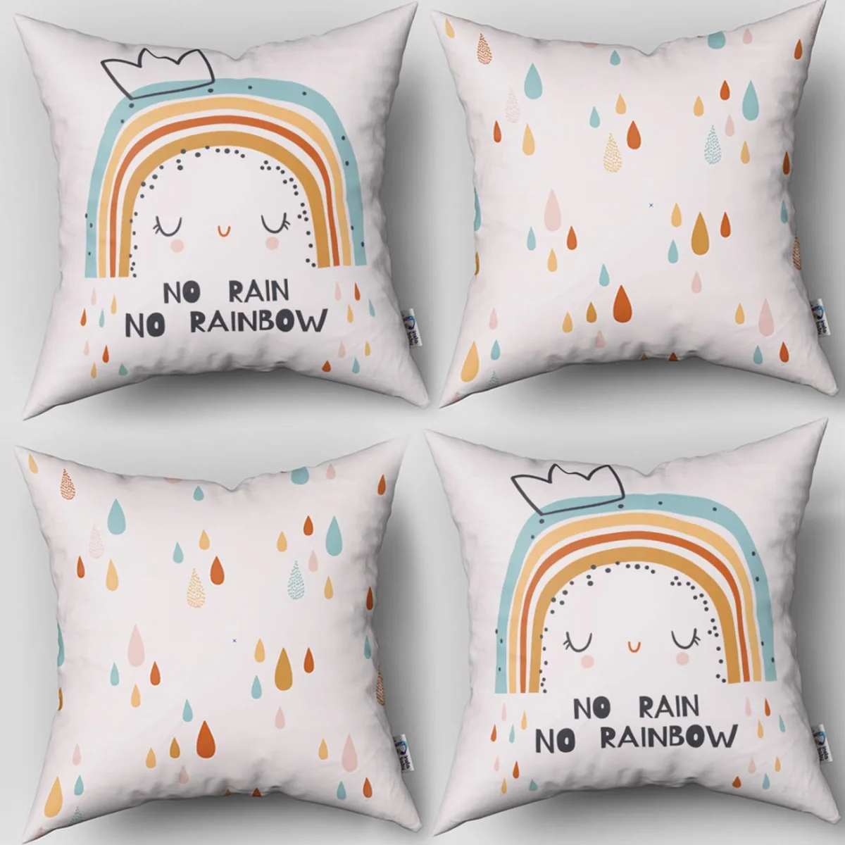 Gökkuşağı karakteri 4lü Kırlent | Beyaz Gökkuşağı, damla Desenli