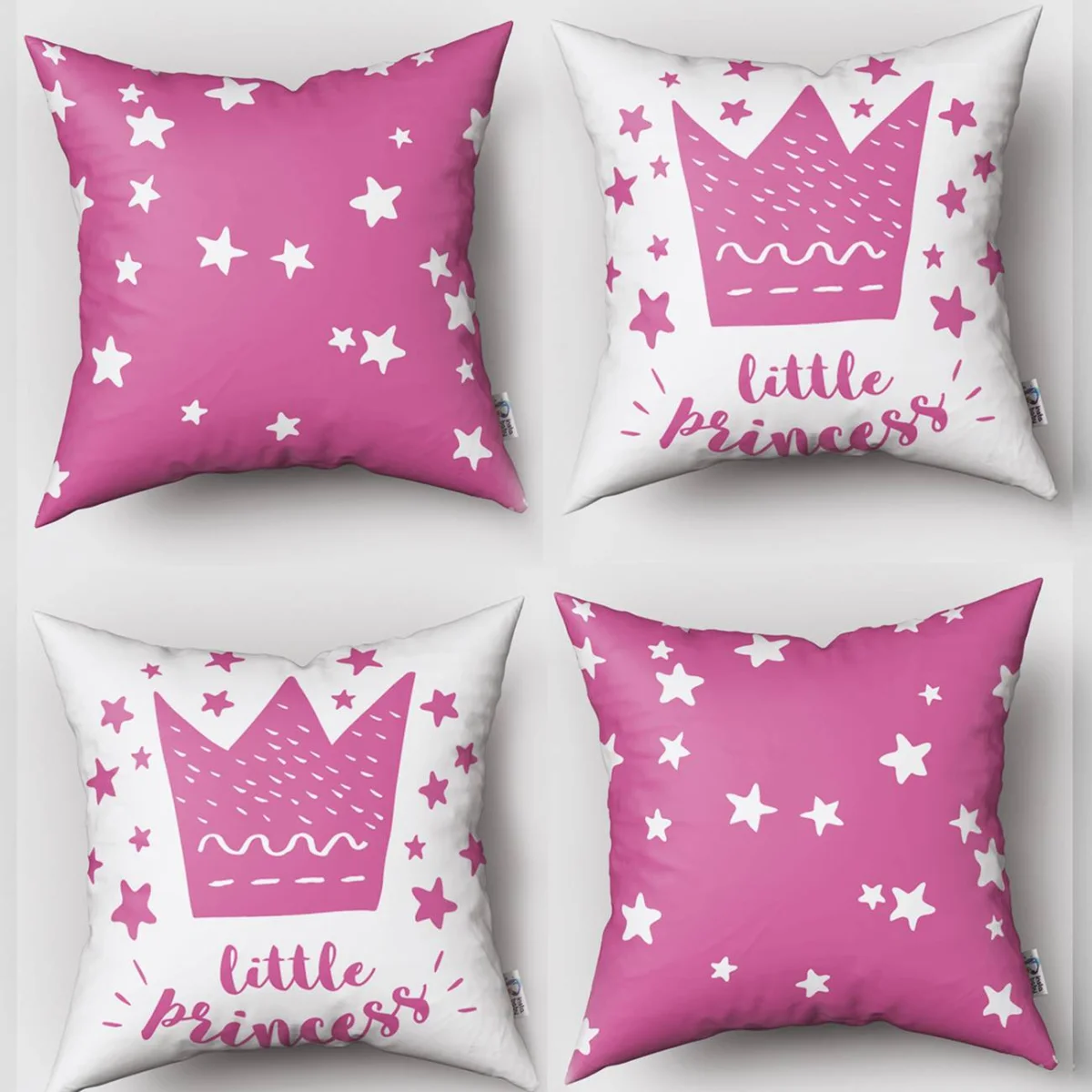 Prenses 4lü Kırlent | Beyaz Taç, yıldız Desenli