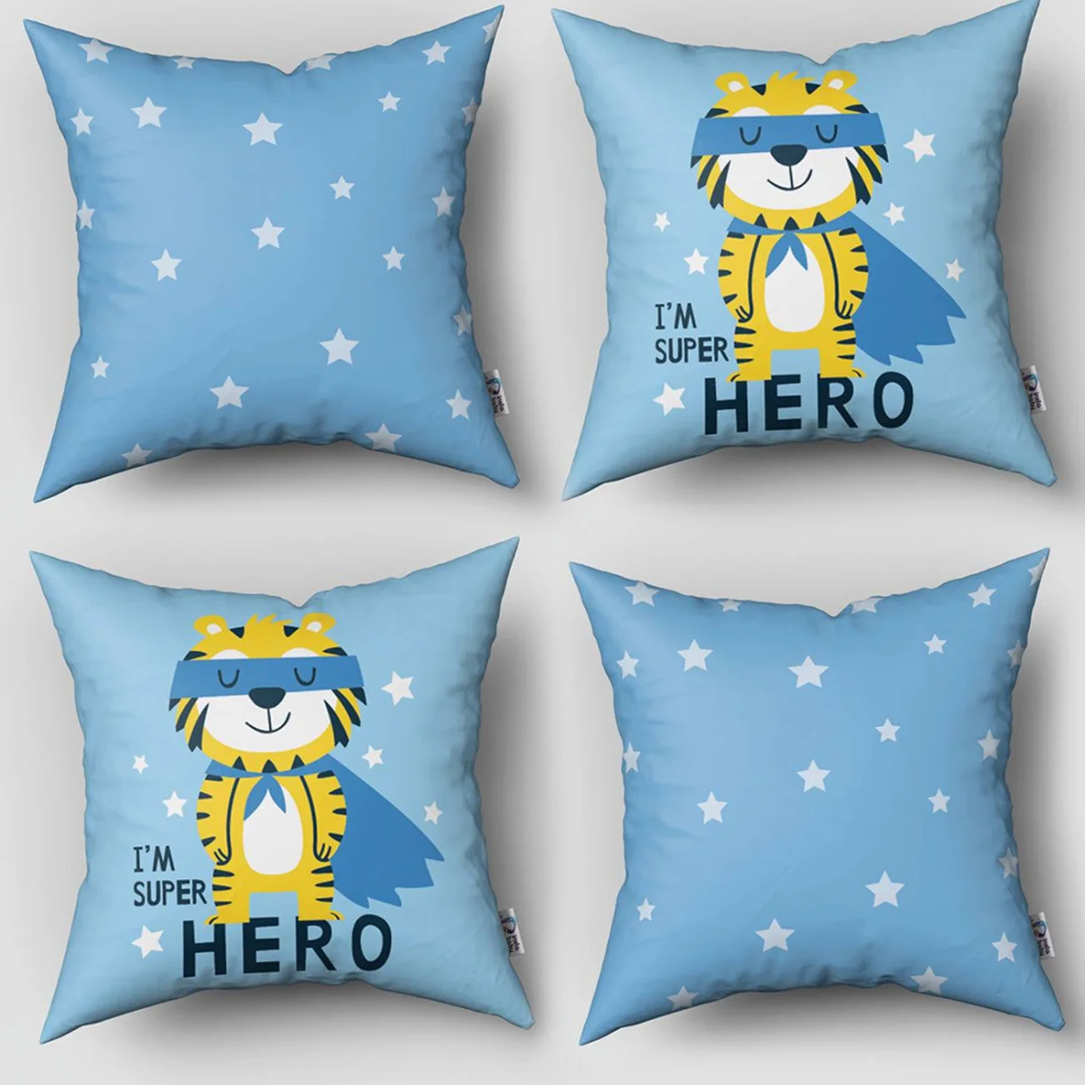 Süper Kahraman Kaplan 4lü Kırlent | Mavi yıldızlar, süper kahraman yazısı Desenli