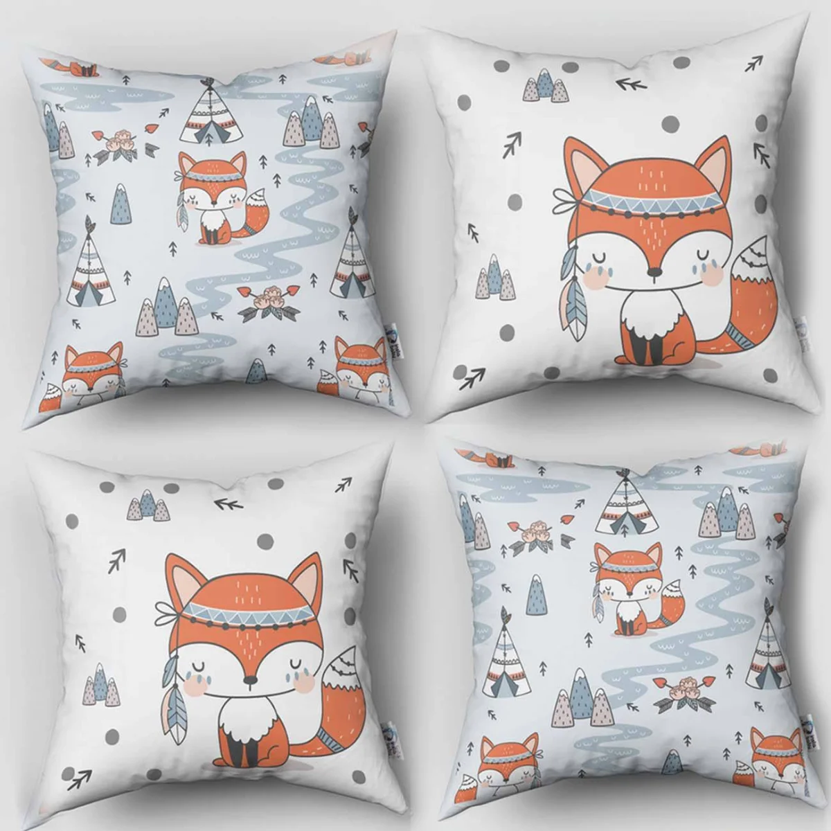 Tilki ve Orman Teması 4lü Kırlent | Beyaz minik oklar, gri puantiyeler Desenli