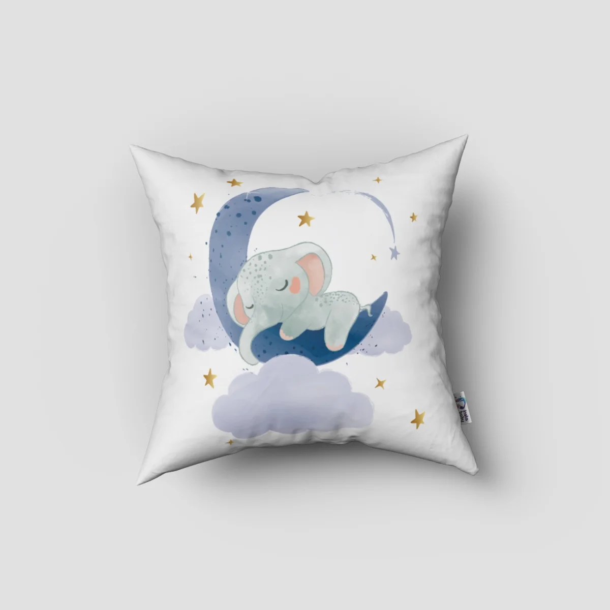 Uyuyan Fil ve Ay Kırlent Kılıfı | Beyaz yıldızlar, bulutlar Desenli