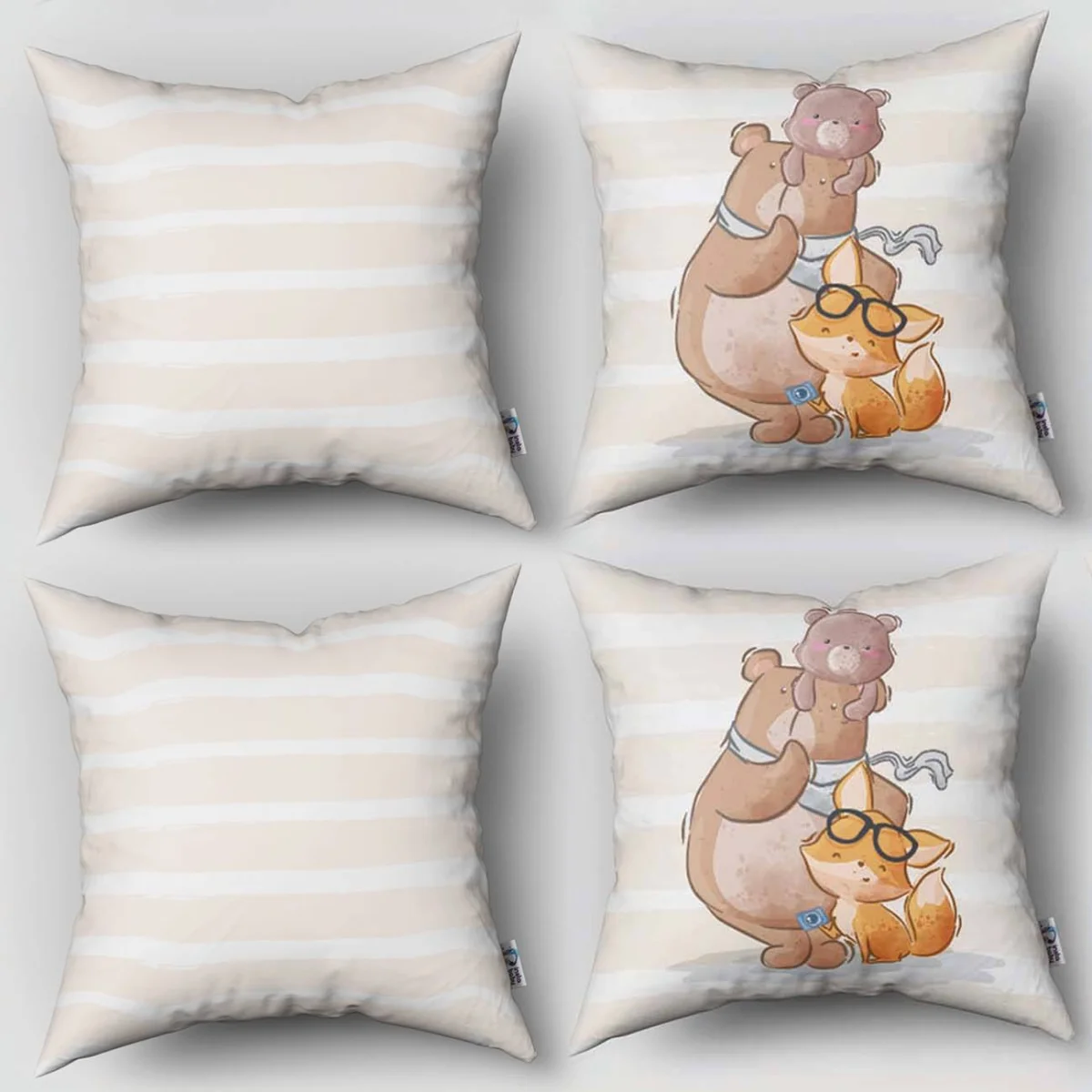 Orman Hayvanları 4lü Kırlent | Bej Çizgili zemin, gözlük Desenli