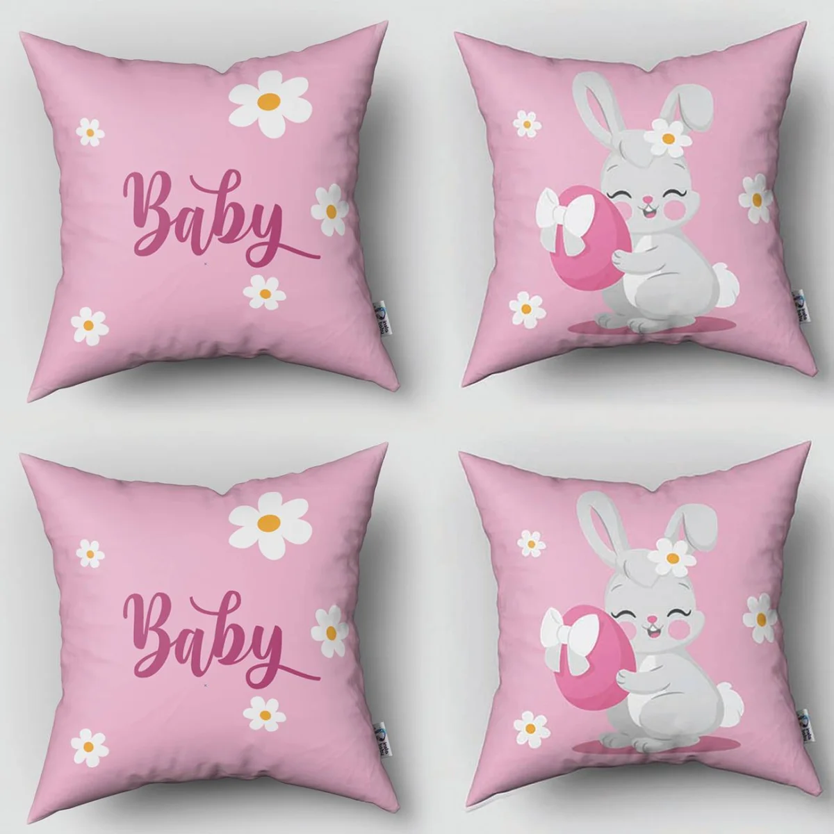 Tavşan 4lü Kırlent | Pembe Beyaz papatya çiçekleri, pembe yumurta Desenli