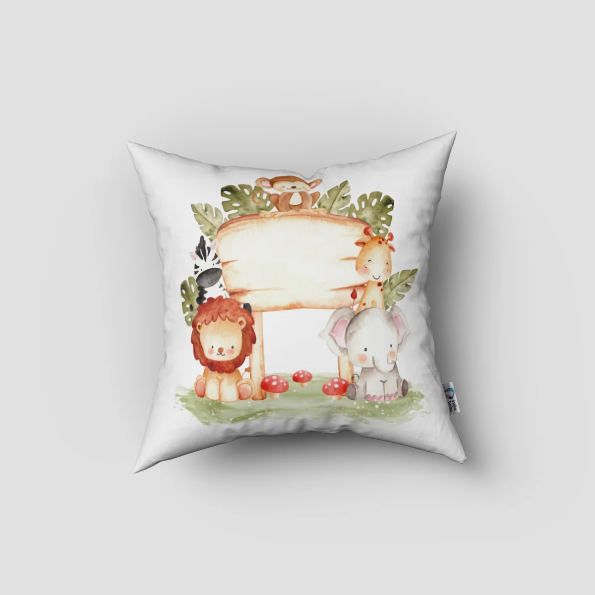 Orman Hayvanları Kırlent Kılıfı | Beyaz yeşil yapraklar, safari cipi Desenli