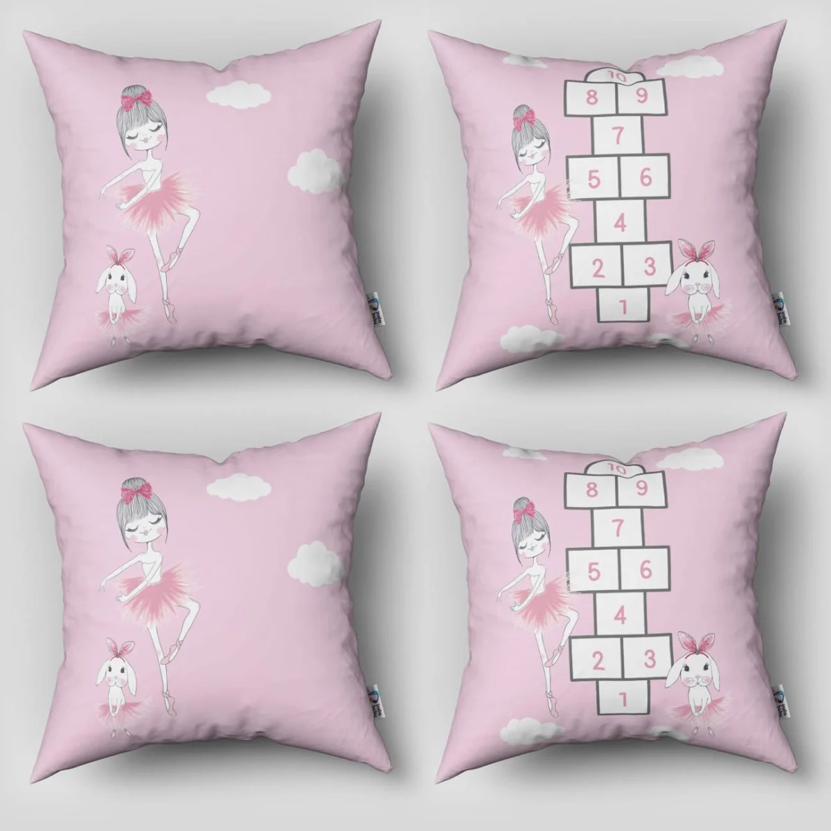 Balerin ve Tavşan 4lü Kırlent | Pembe bulut, sayı Desenli