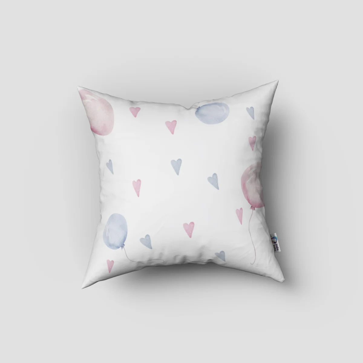Balonlar ve Kalpler Kırlent Kılıfı | Beyaz Pembe ve mavi balonlar, pembe ve mavi kalpler Desenli