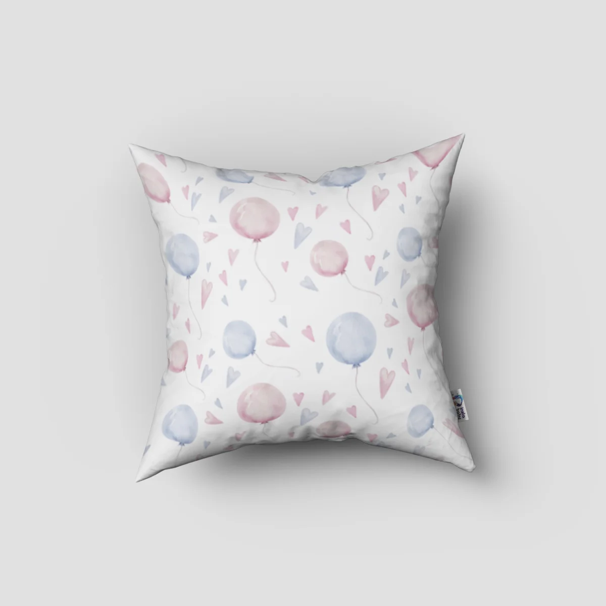Balonlar ve Kalpler Kırlent Kılıfı | Beyaz Pembe ve mavi balonlar, pembe ve mavi kalpler Desenli