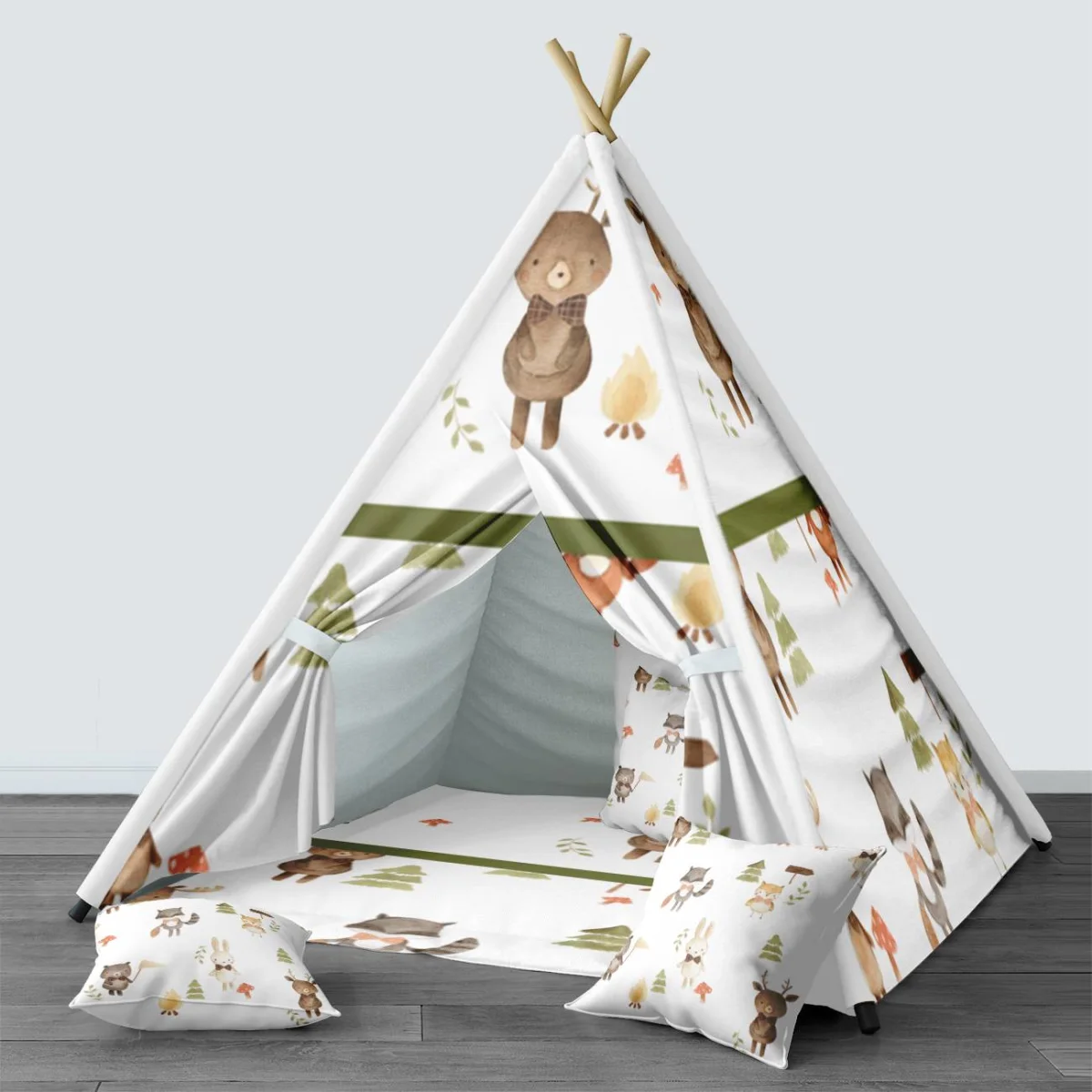 Orman Hayvanları Çadır Evi | Beyaz mantar, ağaç Desenli