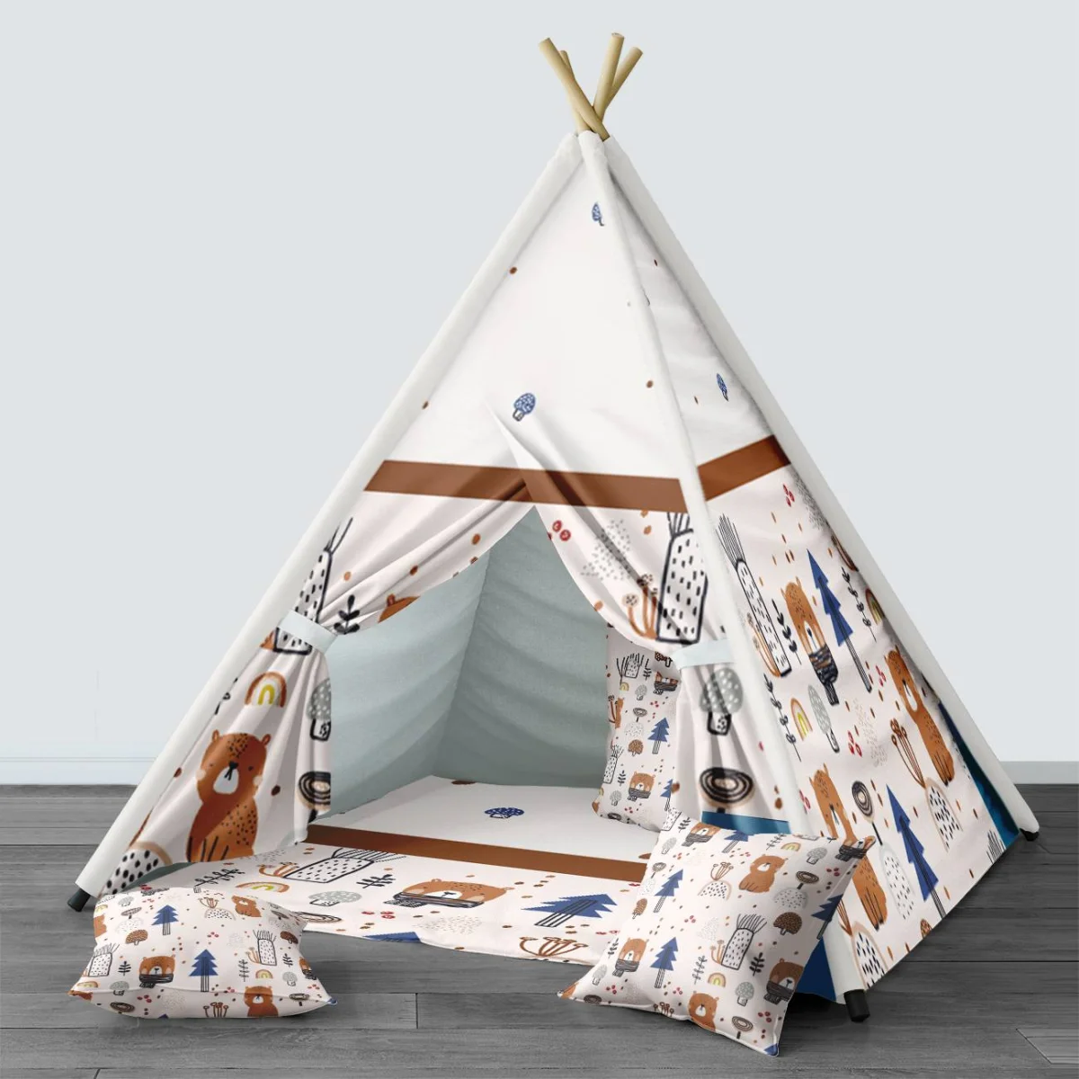 Orman Hayvanları Çadır Evi | Beyaz ayıcıklar, ağaçlar Desenli
