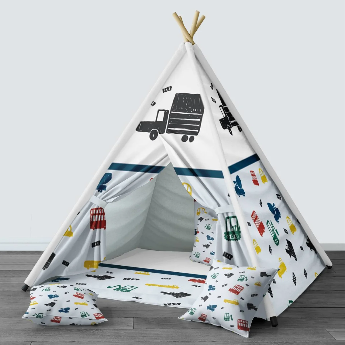 İnşaat Araçları, Taşıtlar Çadır Evi | Beyaz BEEP yazıları, renkli kamyon Desenli