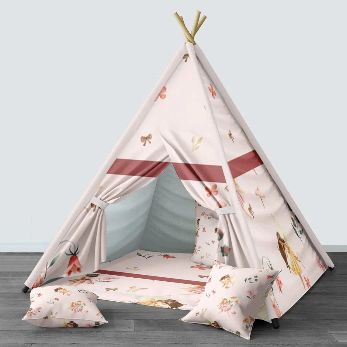Periler Çadır Evi | Pembe Çiçekler, mantarlar ve kelebekler Desenli