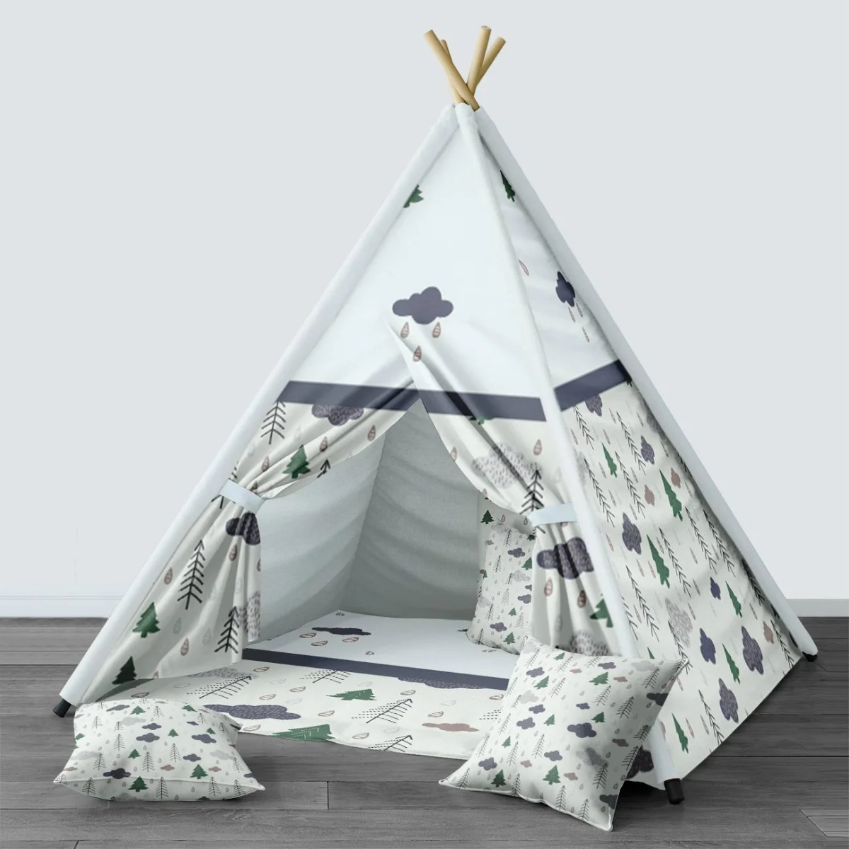 Orman Çadır Evi | Açık Mavi çam ağaçları, bulutlar Desenli